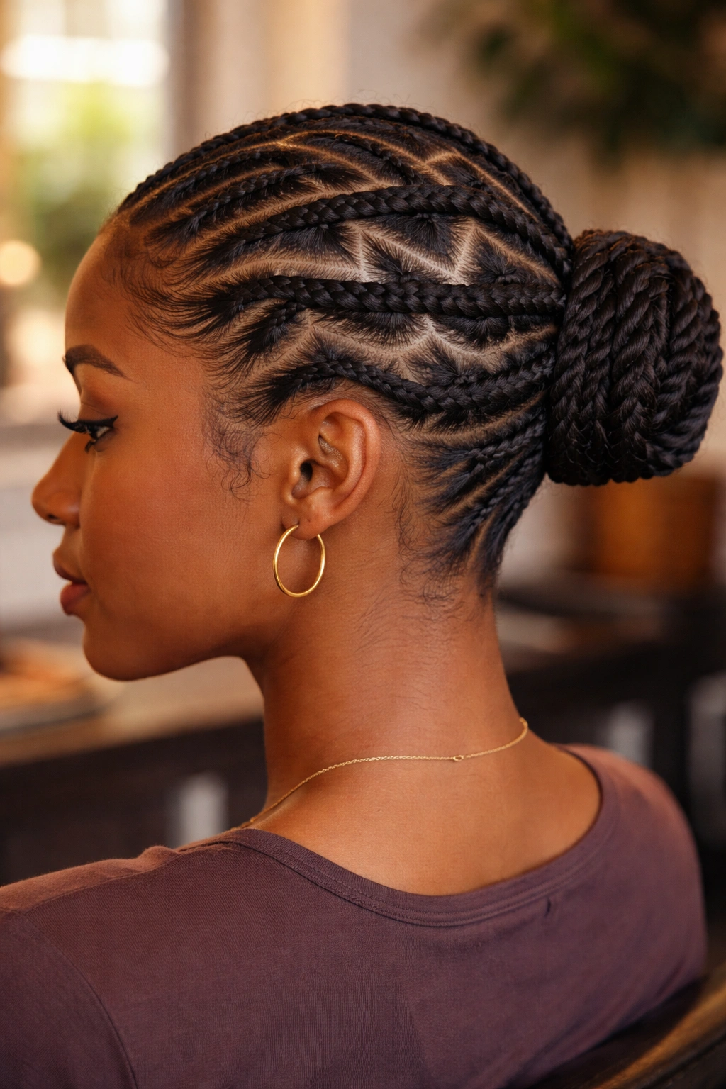 Zigzag cornrows leading to a bun on a real person's head