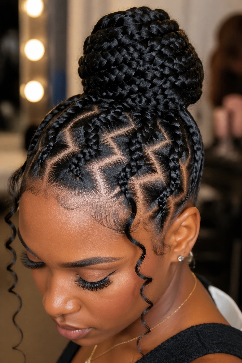Close-up of a real person with zigzag cornrows forming a bun.