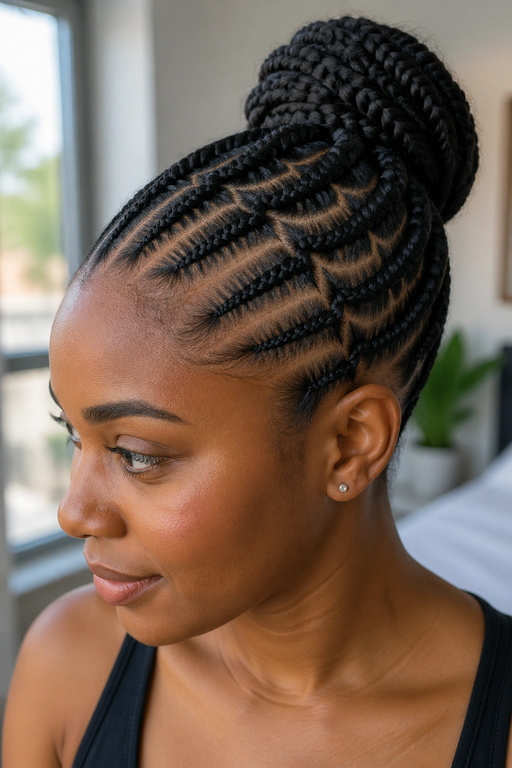 Real person with stacked zigzag cornrows forming a high bun