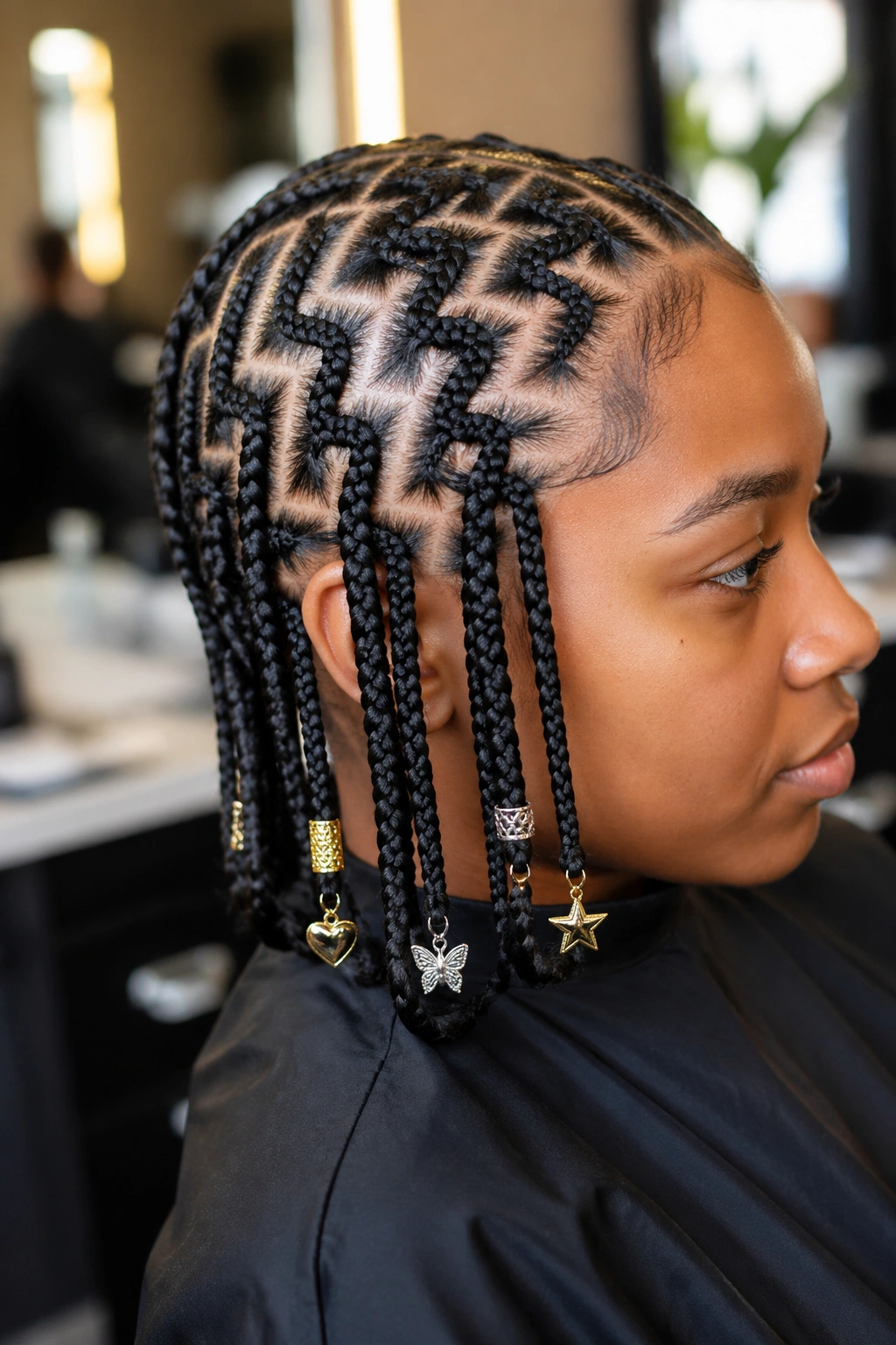Close-up of zigzag cornrows with hair charms on a real person