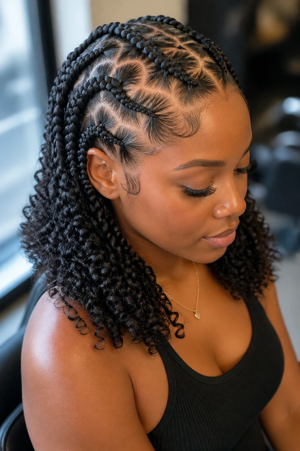 Close-up portrait of zigzag-parted goddess cornrows with coily ends in a salon.