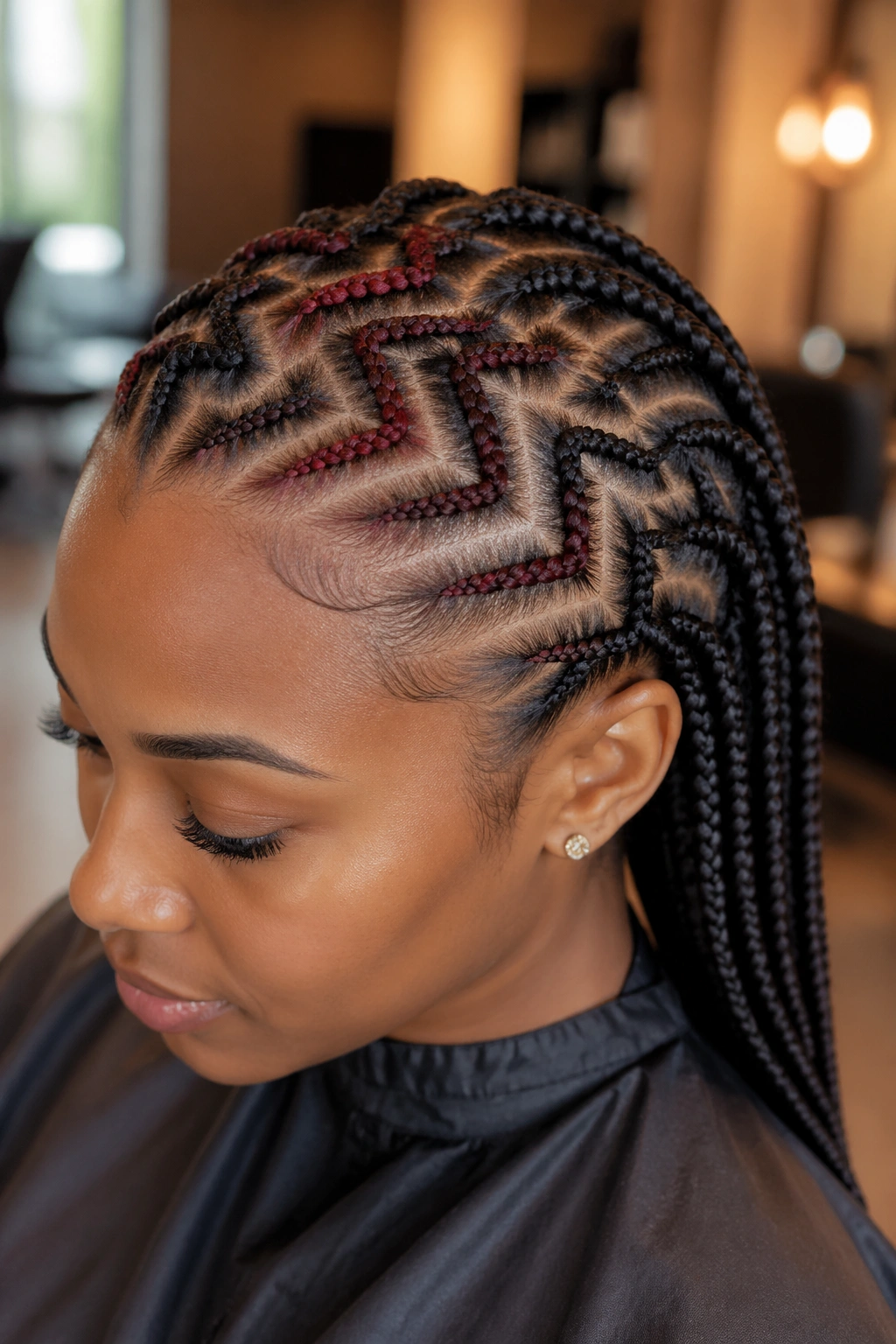 Close-up of zigzag cornrows with color accents on the front rows