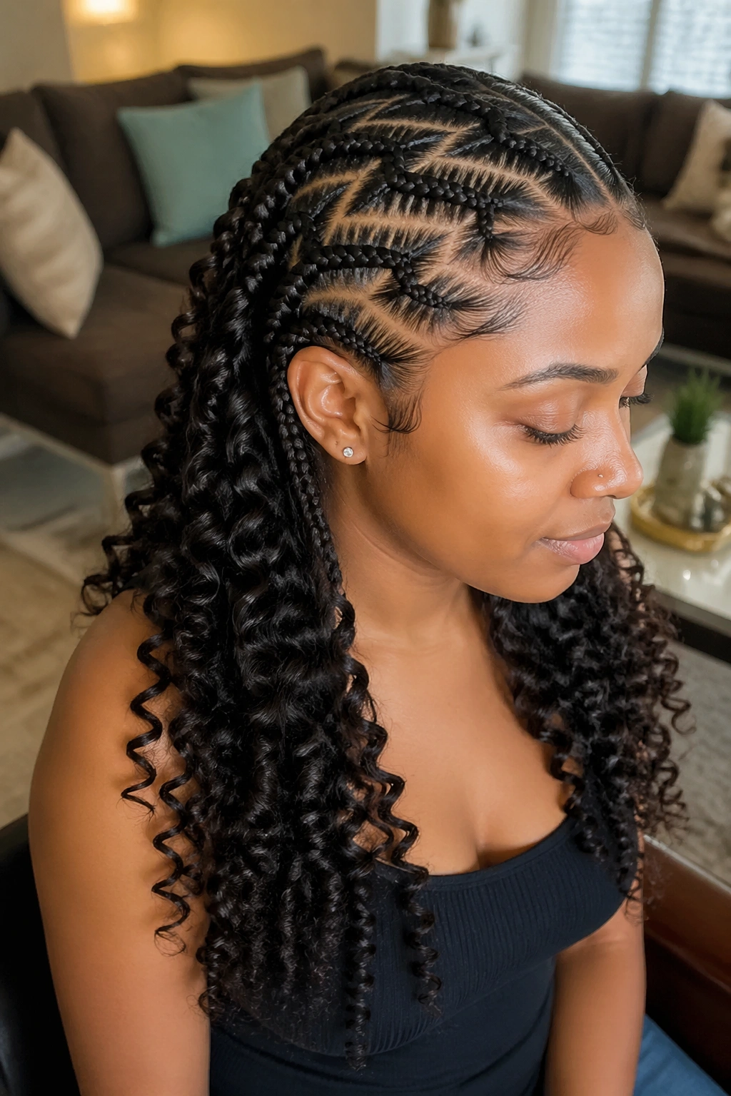 Zigzag cornrows with curled kanekalon tips on real person