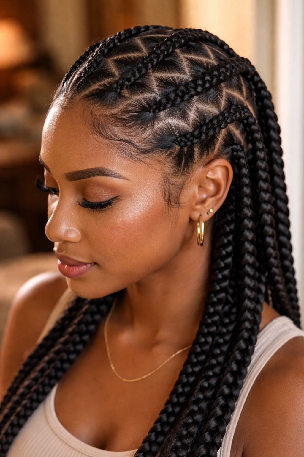 Portrait of a person with zigzag cornrows lasting well under the time frame