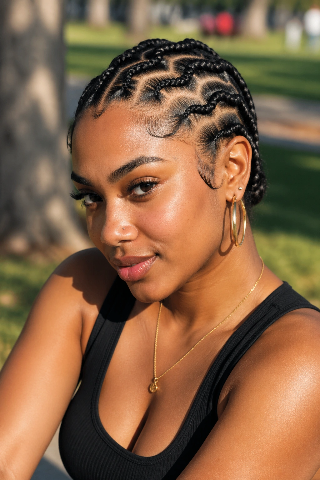 Close-up of a real woman with chunky zigzag cornrows in a sunlit outdoor setting.