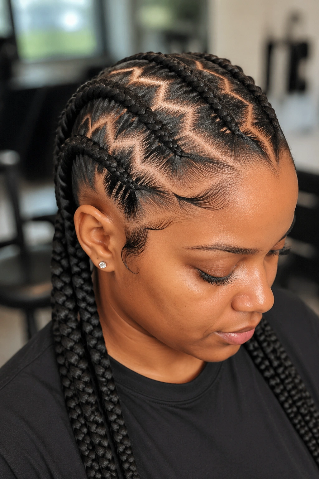 Close-up of a real woman showing zigzag cornrows with feed-in extensions along the scalp