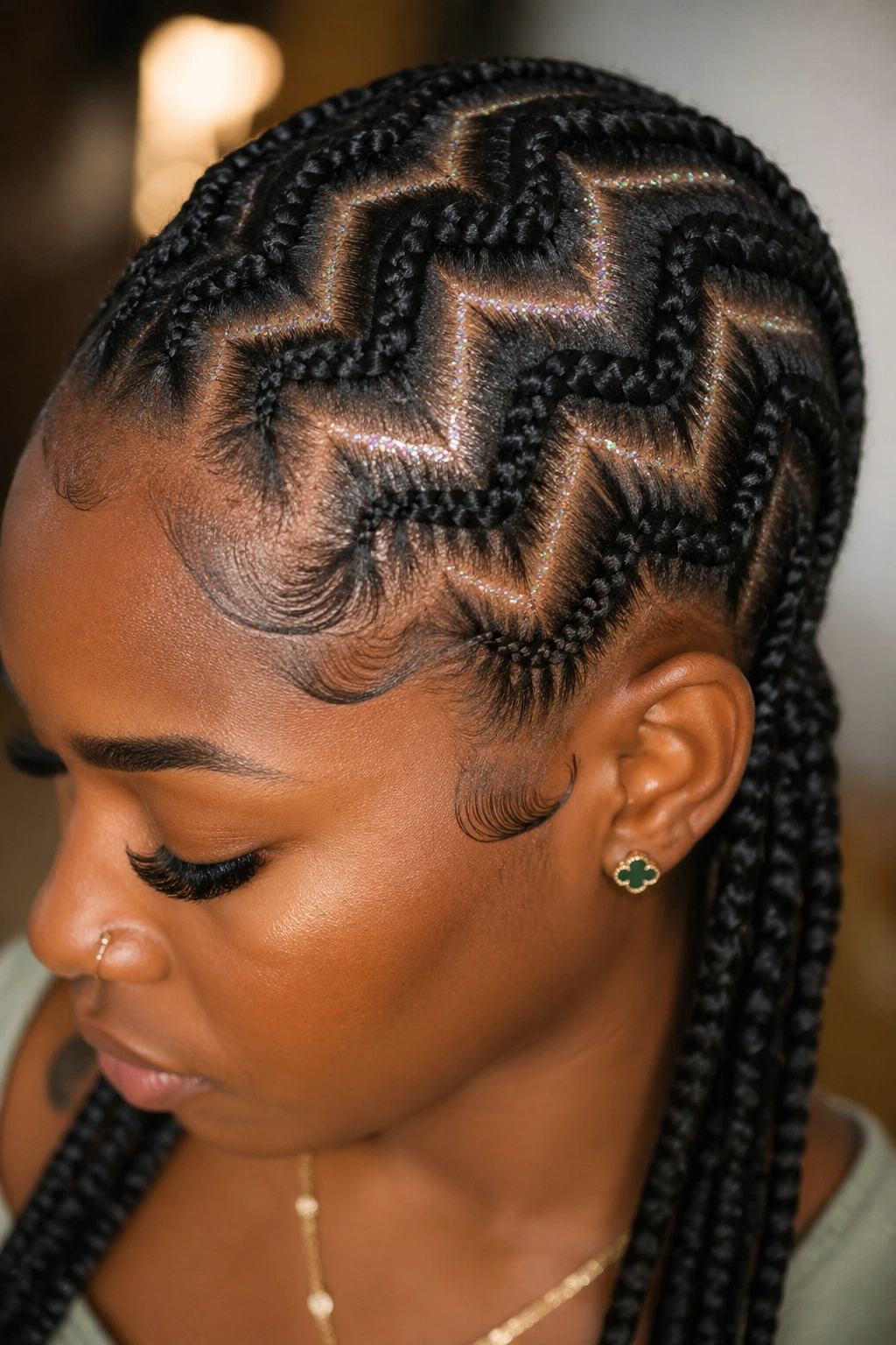Real woman with zigzag cornrows and scalp glitter along the parts