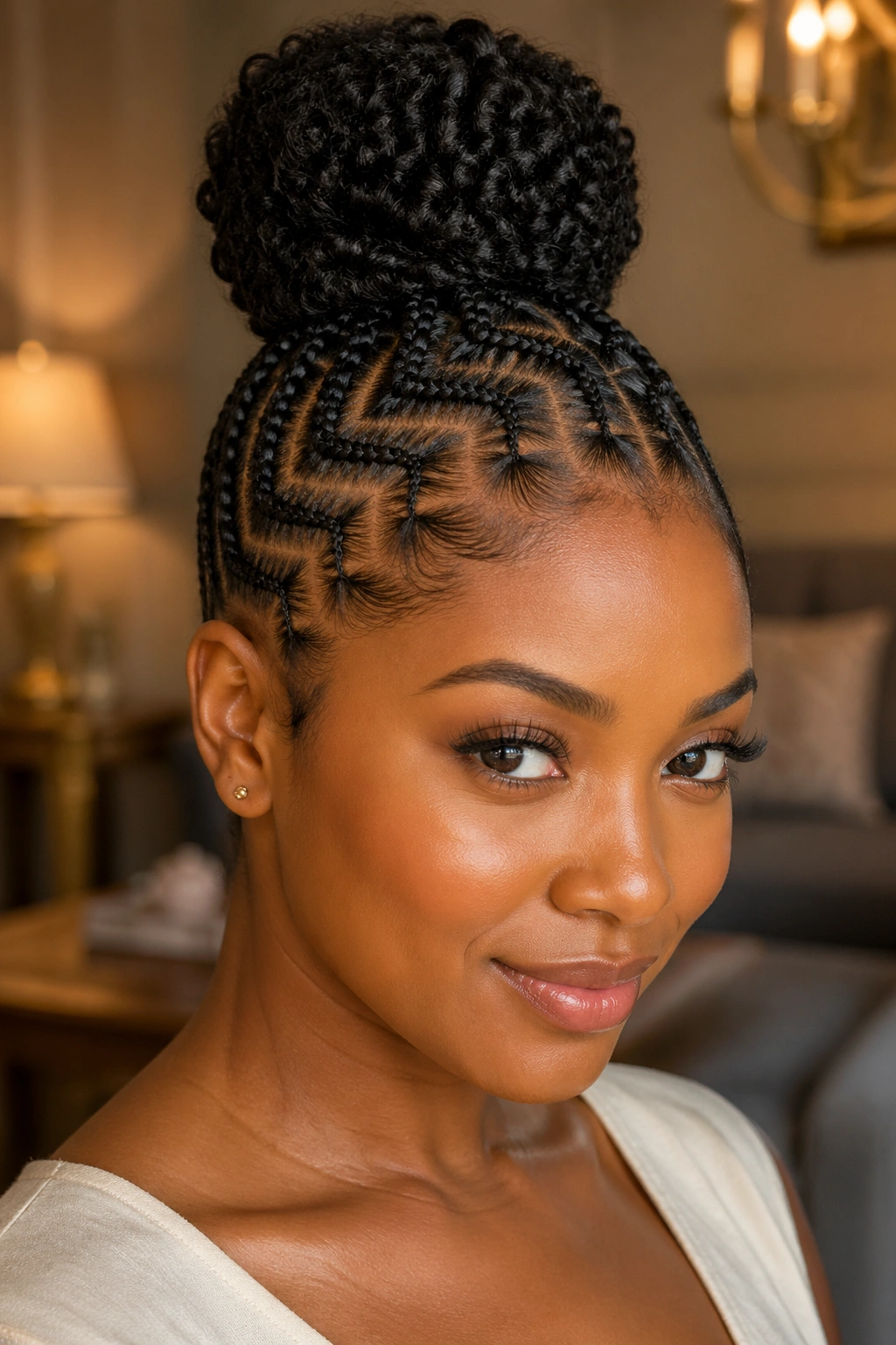 Close-up of zigzag cornrows forming a high bun on a real woman