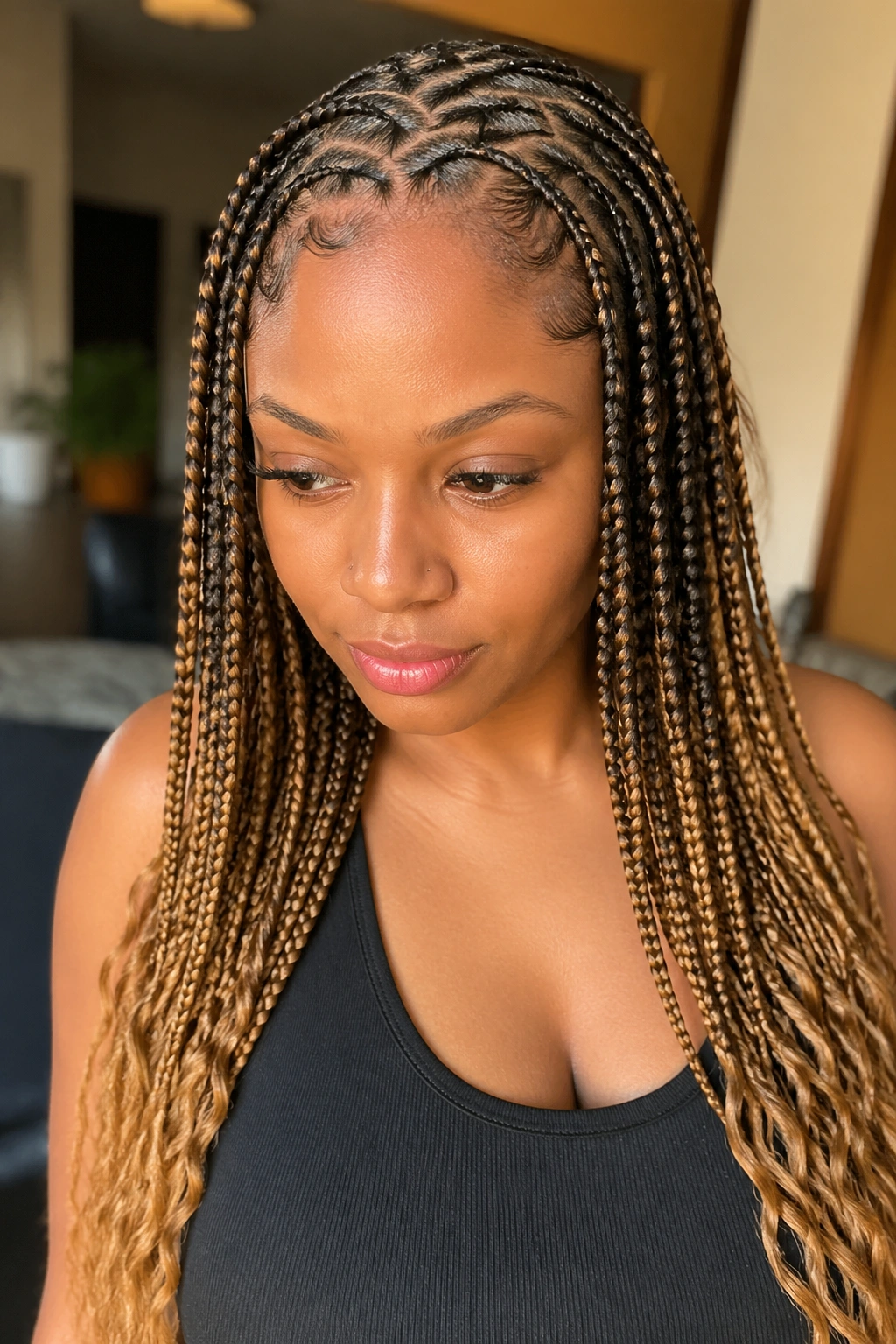 Long zigzag cornrows with honey tips on a real person