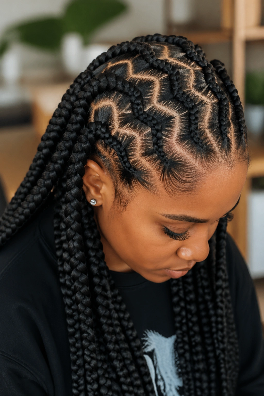 Portrait of a woman with zigzag cornrows transitioning into jumbo box braids