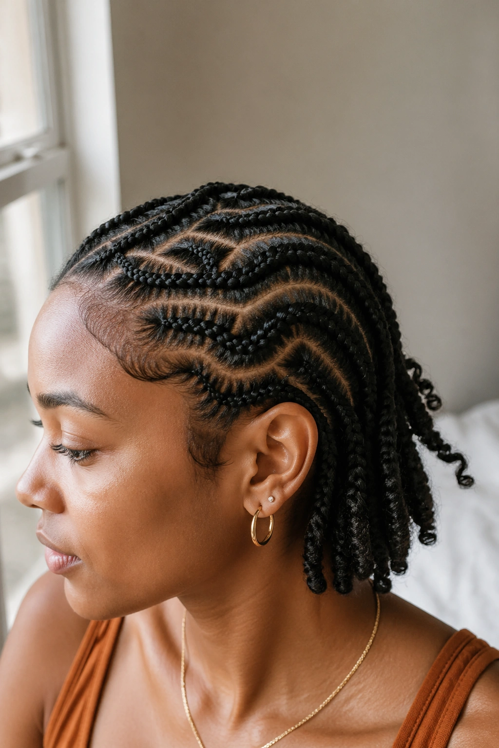 Close-up of a real woman with zigzag cornrows and loose curls at the back