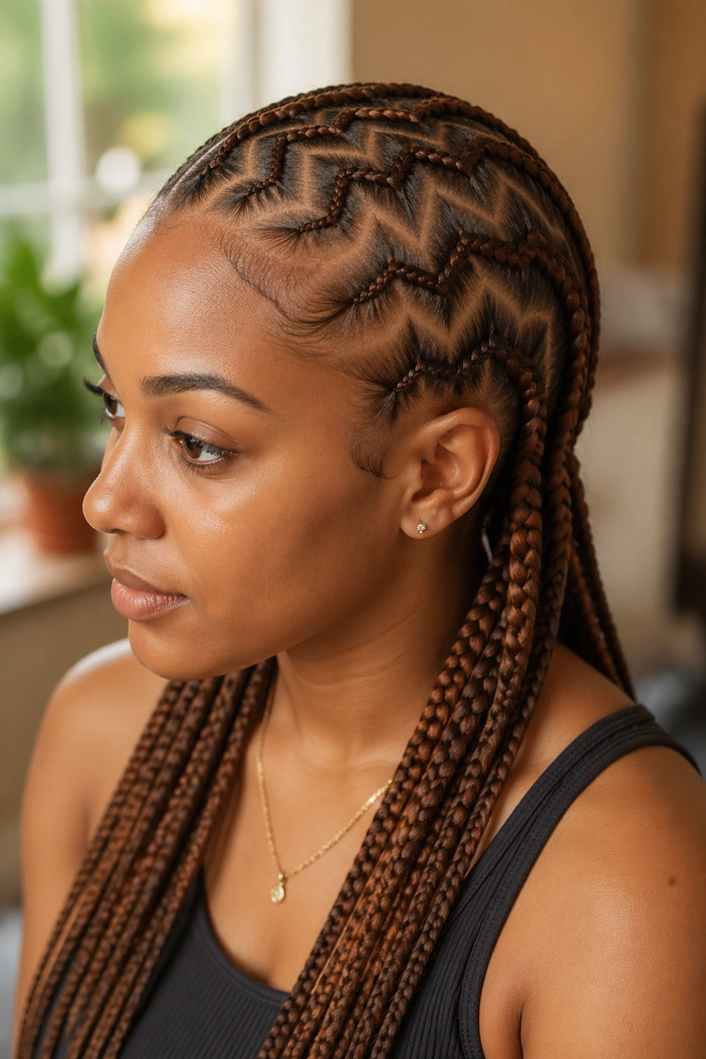 Close-up of a real woman with medium brown zigzag cornrows in warm window light