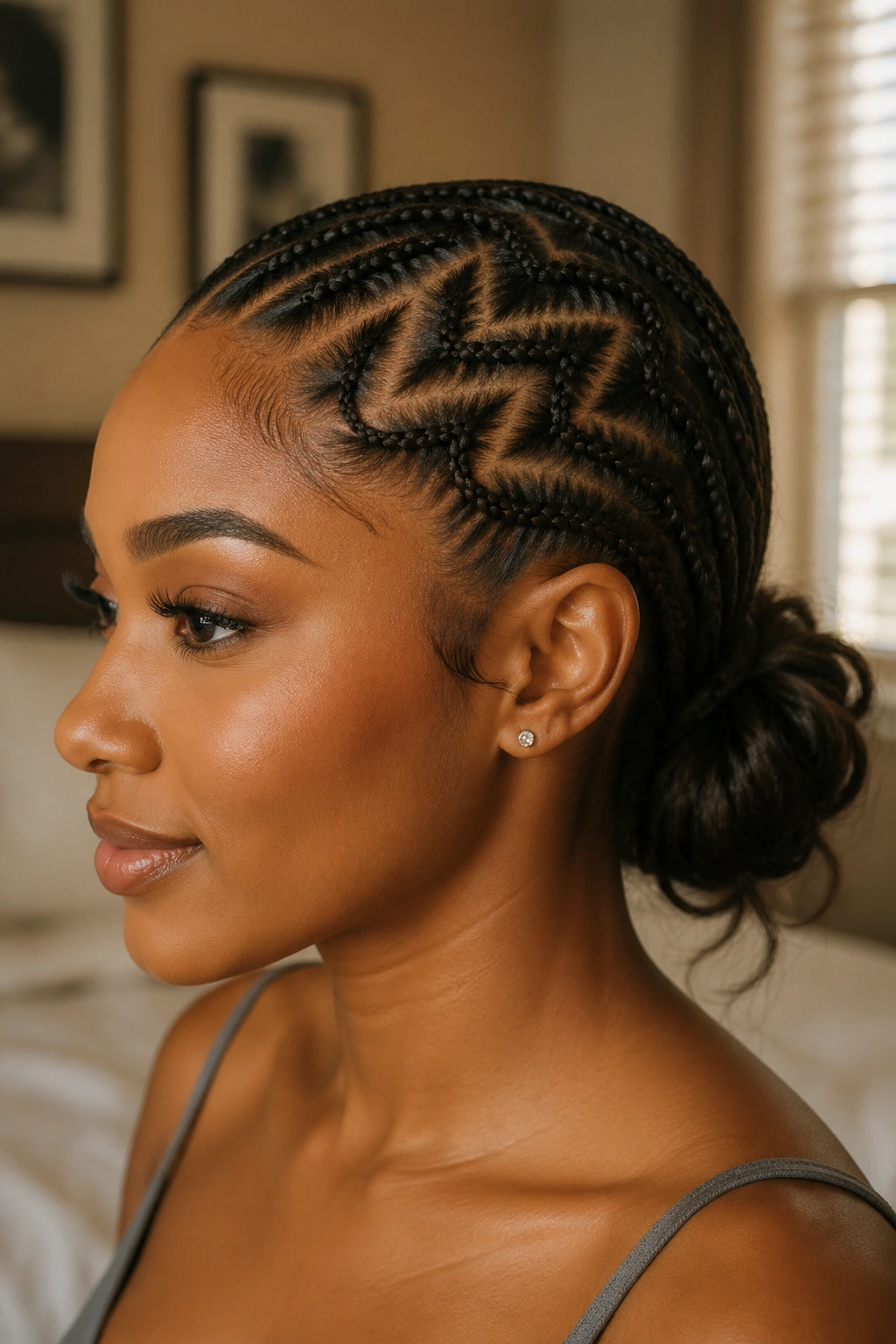 Close-up of a real woman with zigzag cornrows ending in a low messy bun at the nape