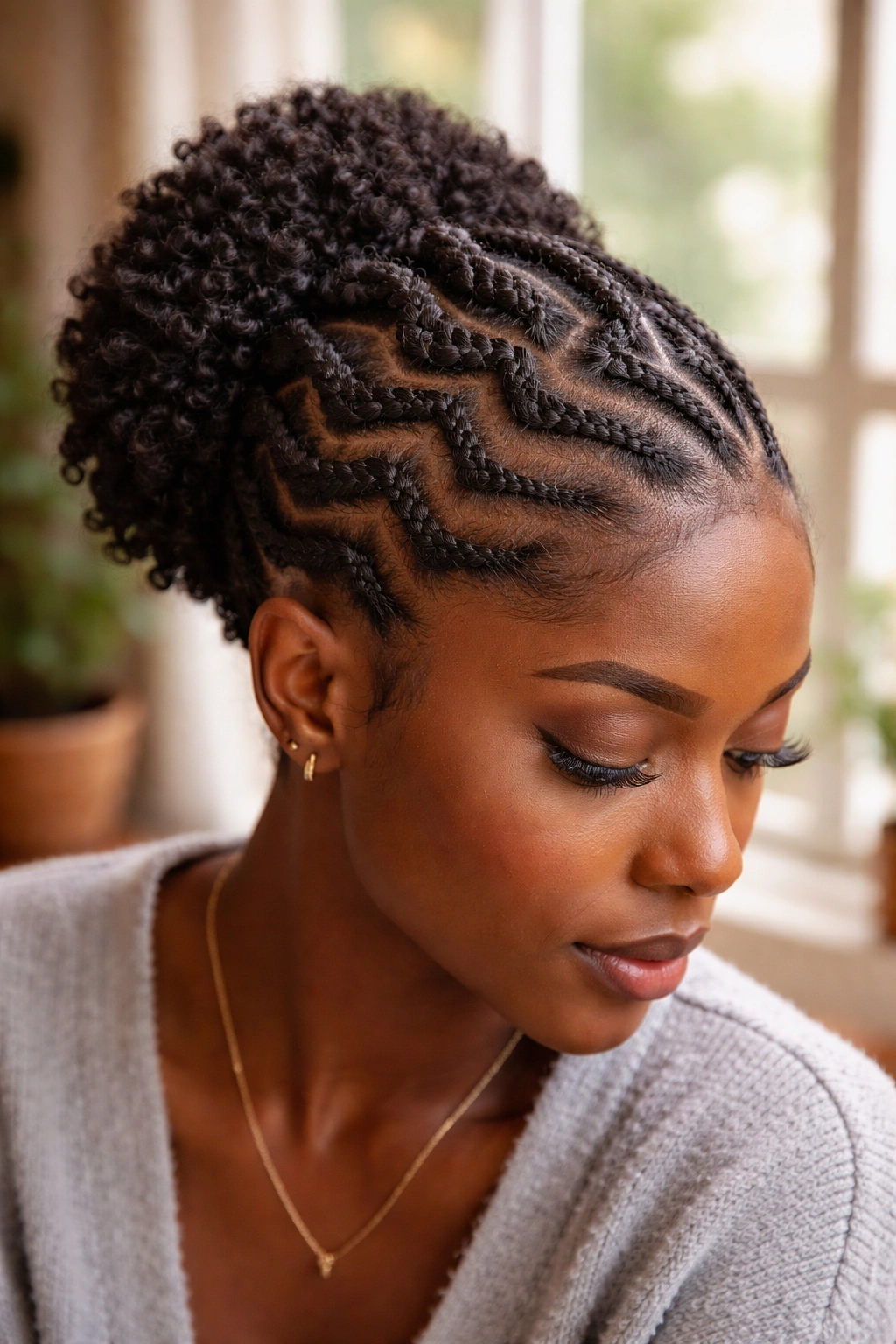 Close-up of natural hair with zigzag cornrows on a real person