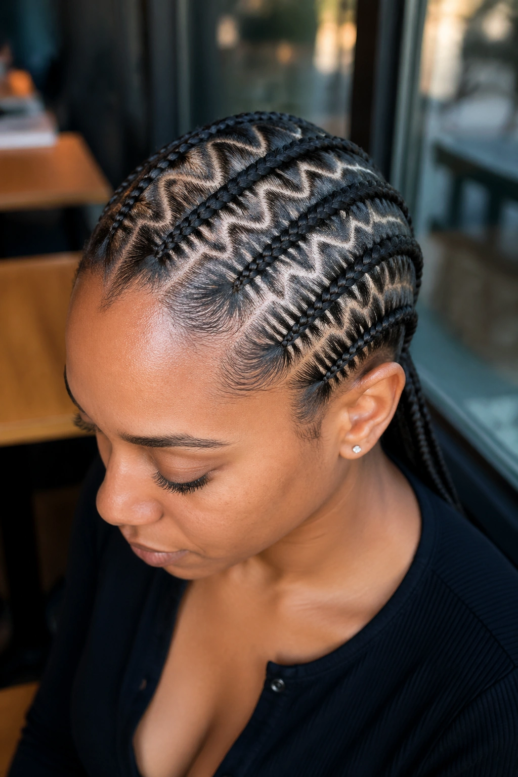 Close-up of a real woman with zig-zag part cornrows