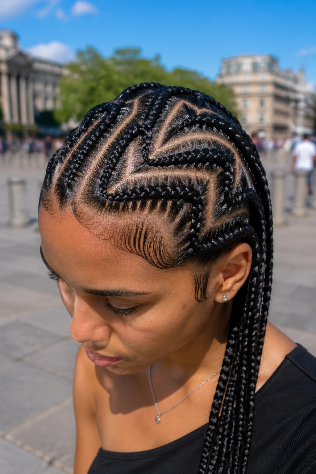 Zigzag-parted cornrows across the scalp on a real person