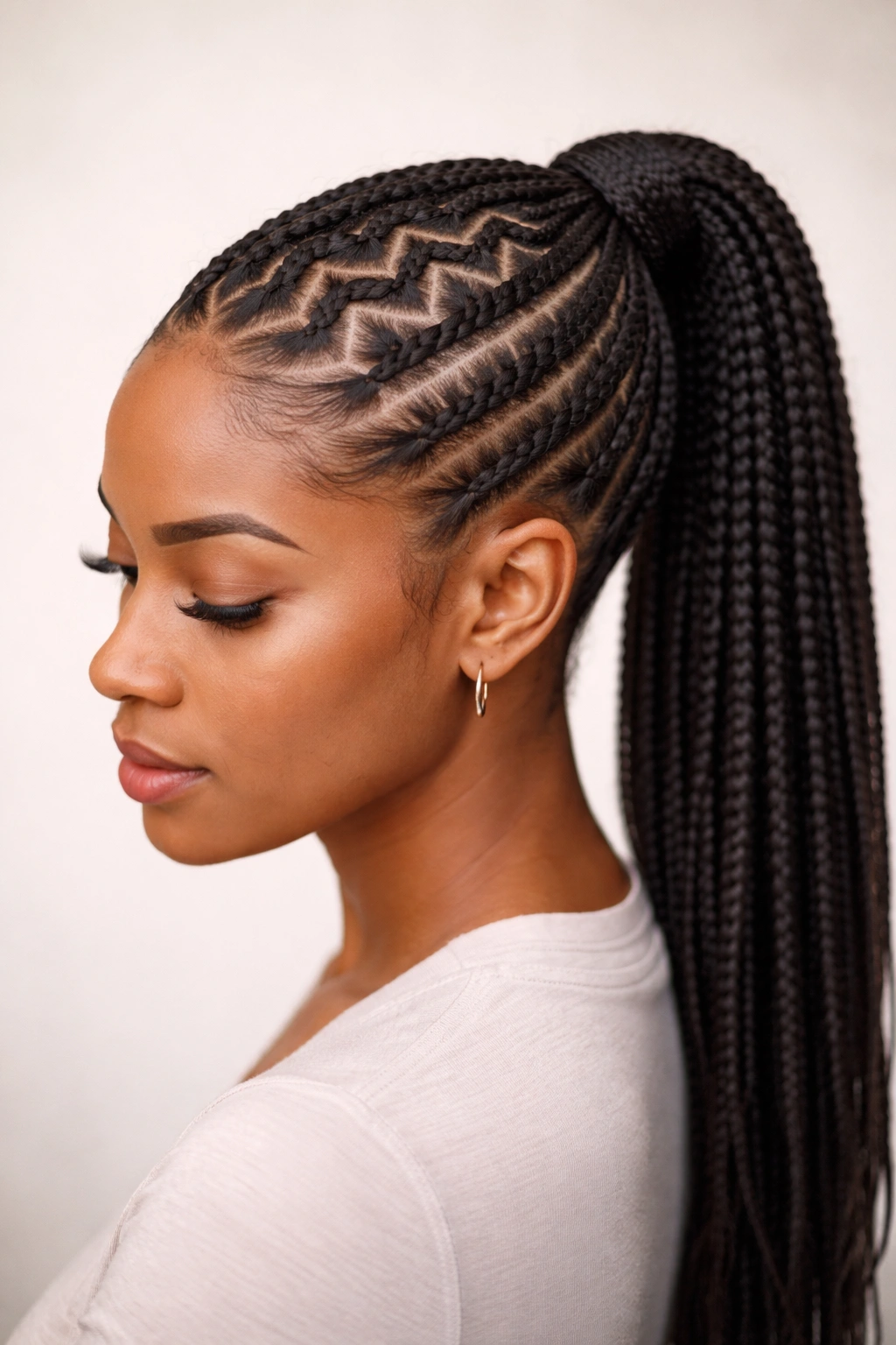 Zig-zag cornrow parting with angled pattern leading to side ponytail.