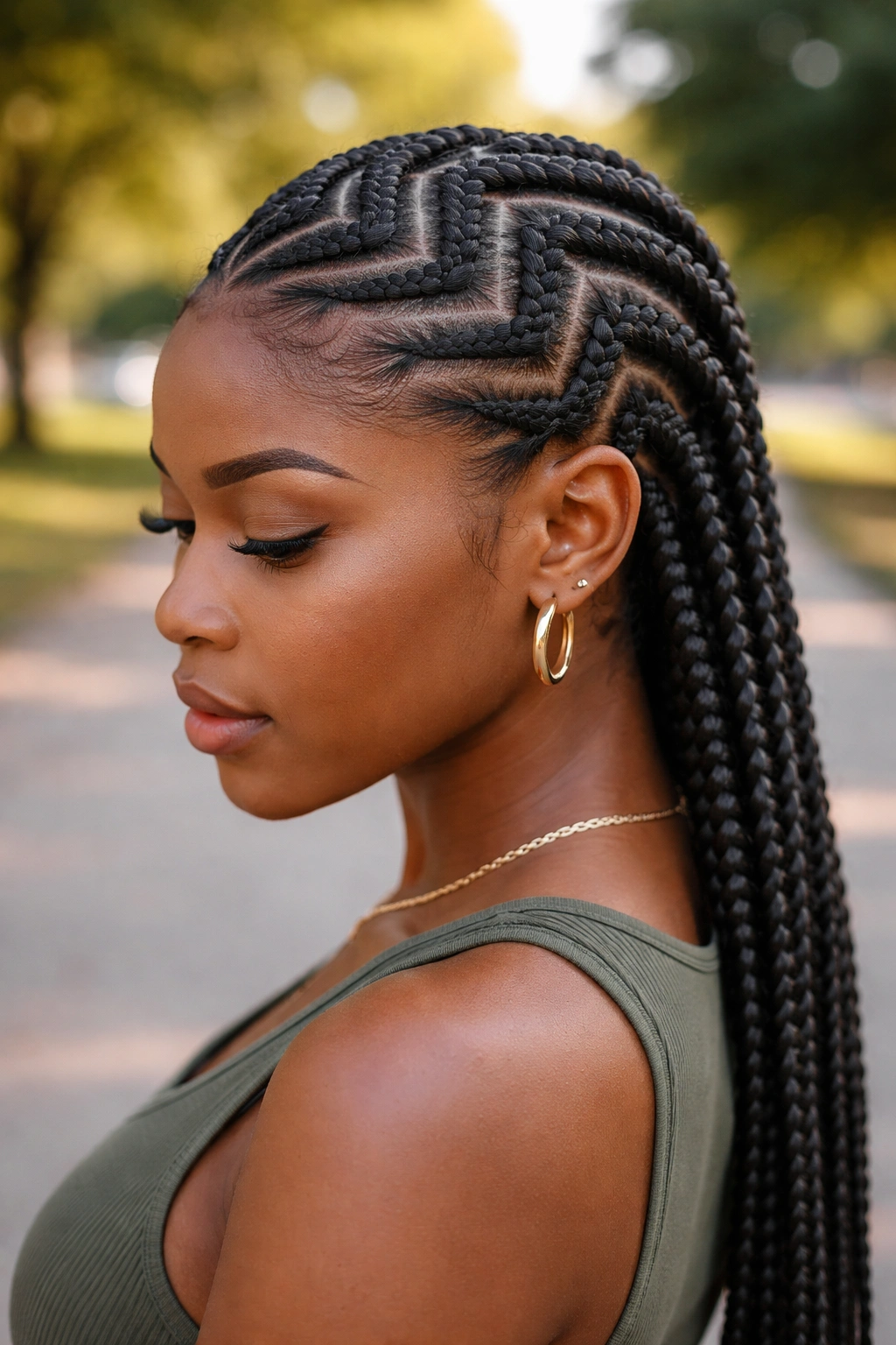 Close-up of bold zigzag Ghana cornrows on a real person
