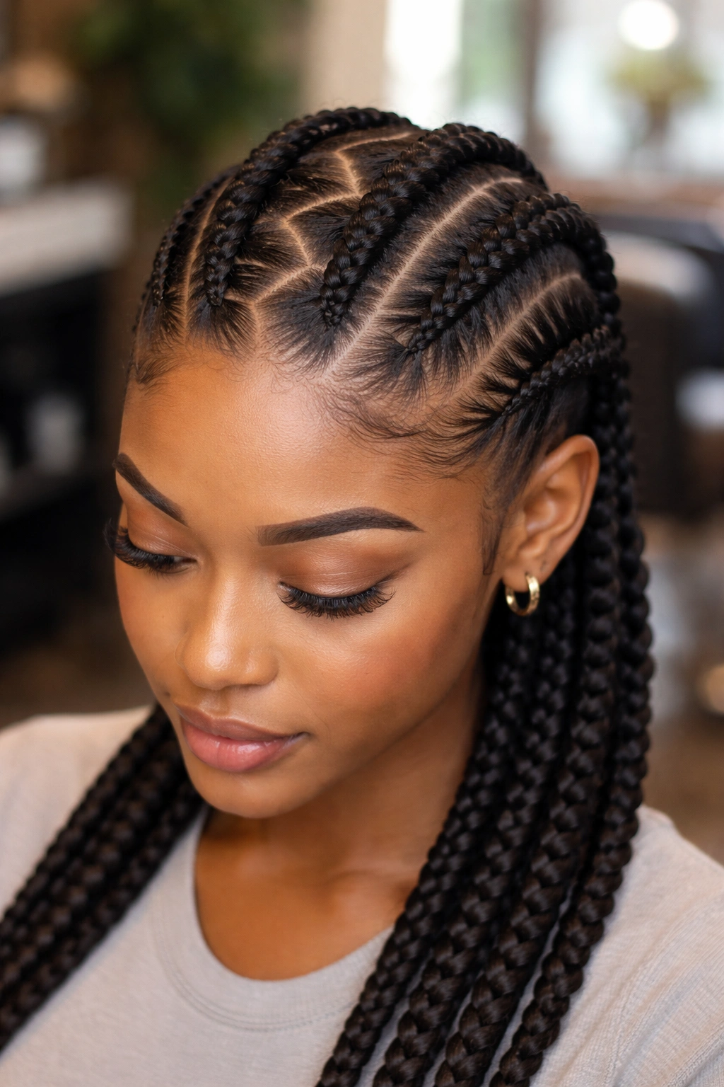 Close-up of zigzag-part cornrows on a real person, highlighting the zigzag scalp pattern
