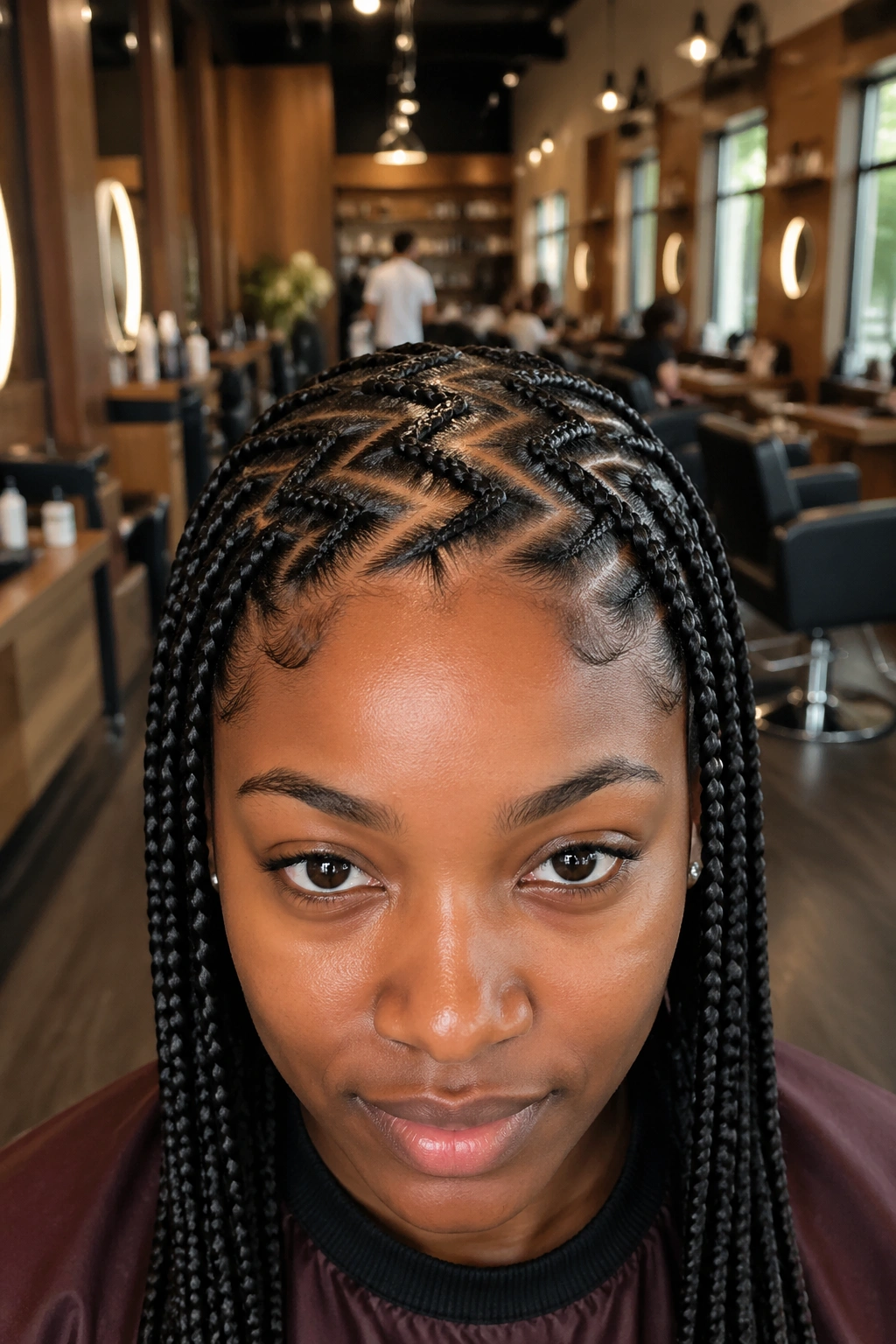 Close-up of zoned zigzag cornrow parts on a real person's scalp