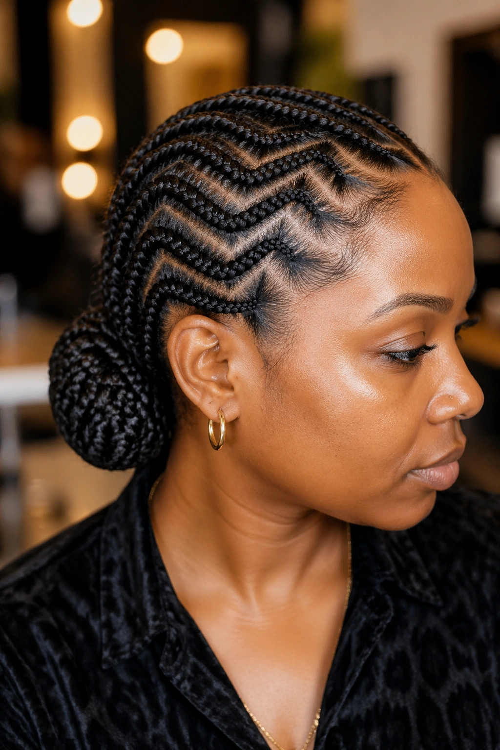 Zigzag cornrows forming a low side bun behind the ear on a real person
