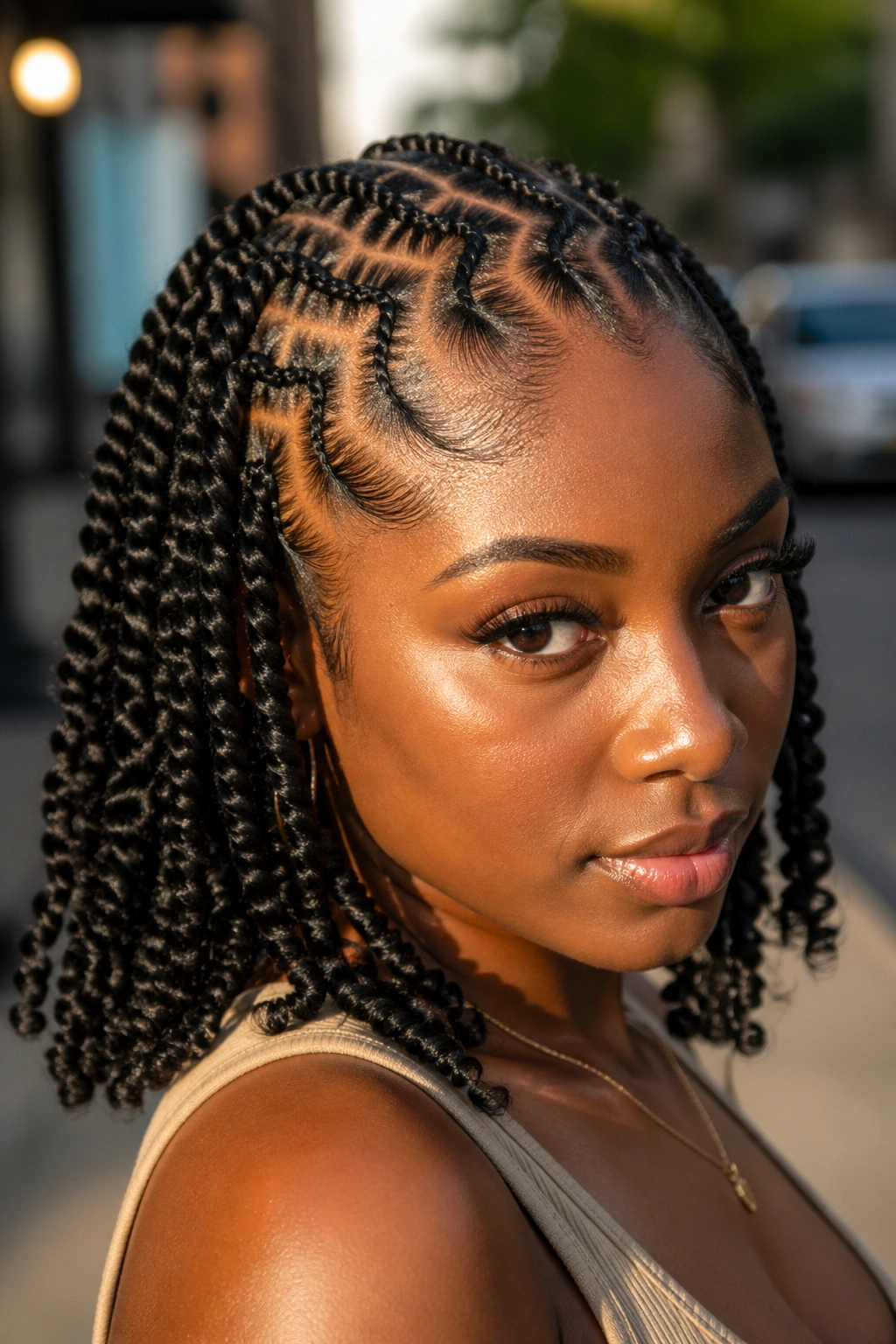 Real person with zigzag cornrows and spring twist ends in outdoor light