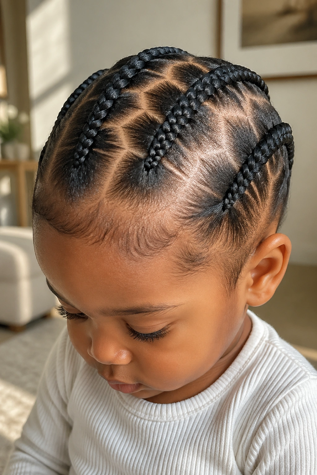 Close-up of toddler with zigzag cornrows along scalp