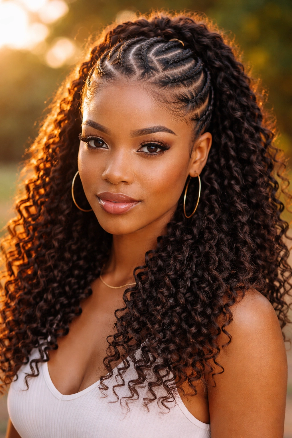 Portrait of woman with zigzag-parted cornrows and twist-out below.