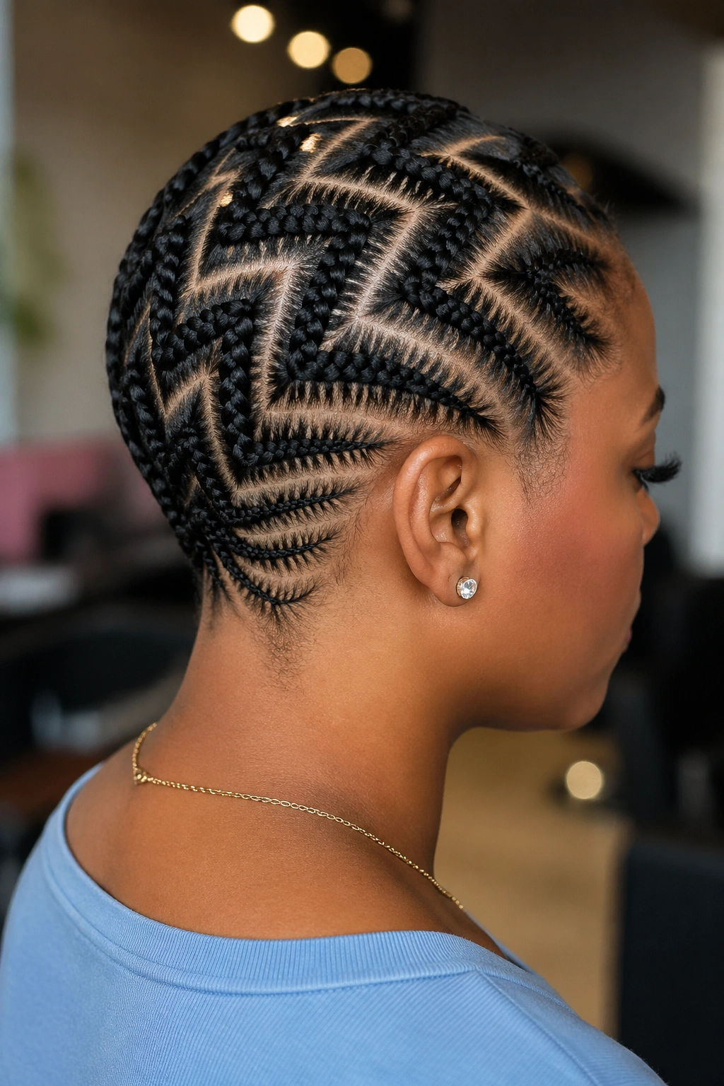 Real woman with zigzag nape braids creating undercut illusion behind the ears