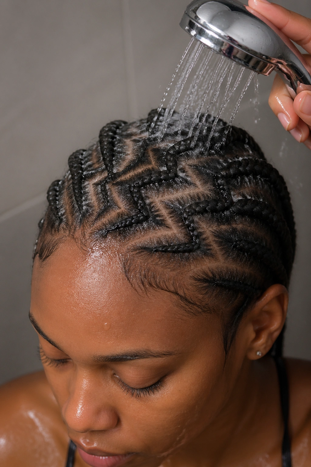 Damp zigzag cornrows being washed on a real person