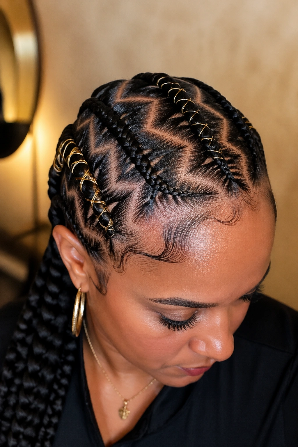 Close-up of zigzag cornrows with metallic-wrapped braids on a real woman's head.