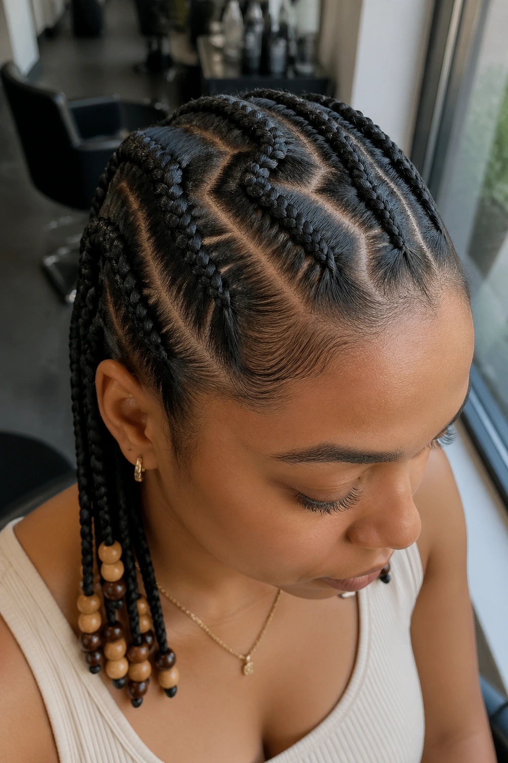 Close-up of a real woman with three zigzag cornrows across the crown and wood-toned bead tips.
