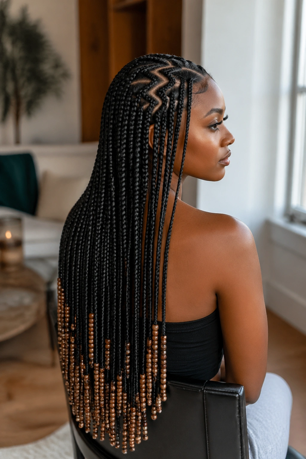 Portrait of a real person with zigzag crown and long beaded extensions