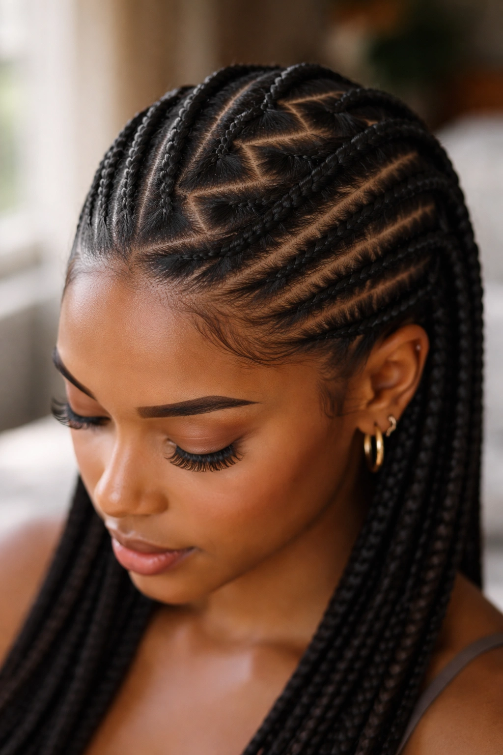 Close-up of a real woman with a single zigzag crown part and straight cornrows along the sides.