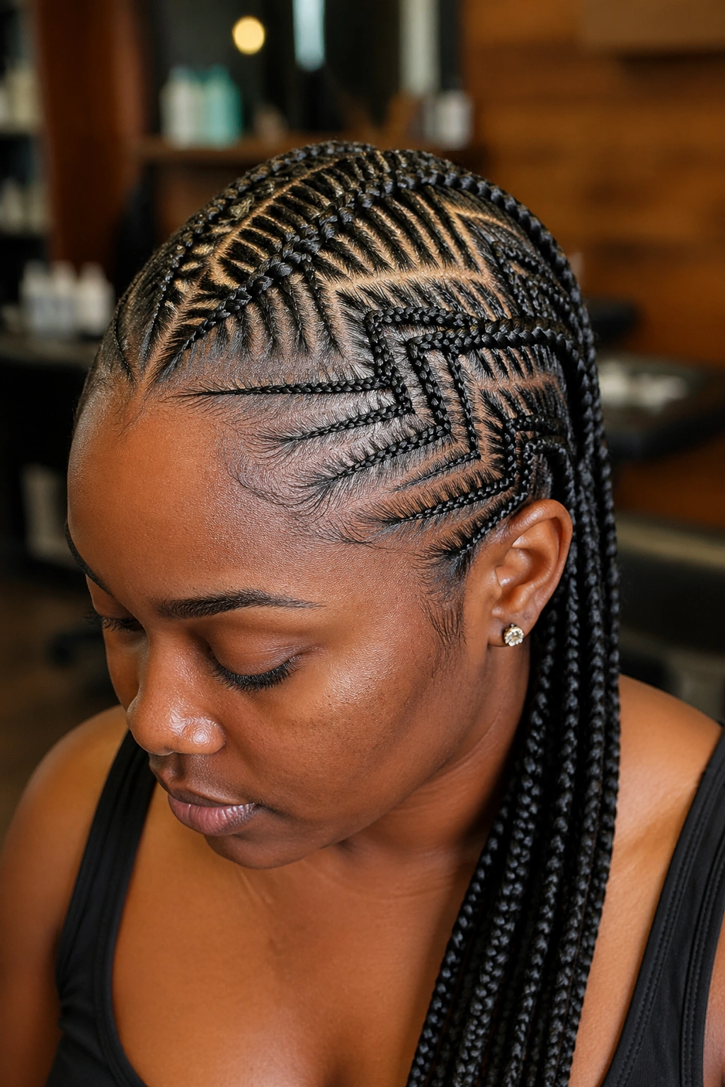 Close-up of a real woman's head with zigzag fishbone feeders creating sharp Z shapes.