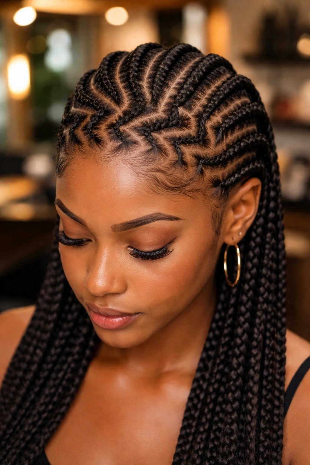 Front view of a real woman with multiple zigzag front parts and straight-back cornrows.