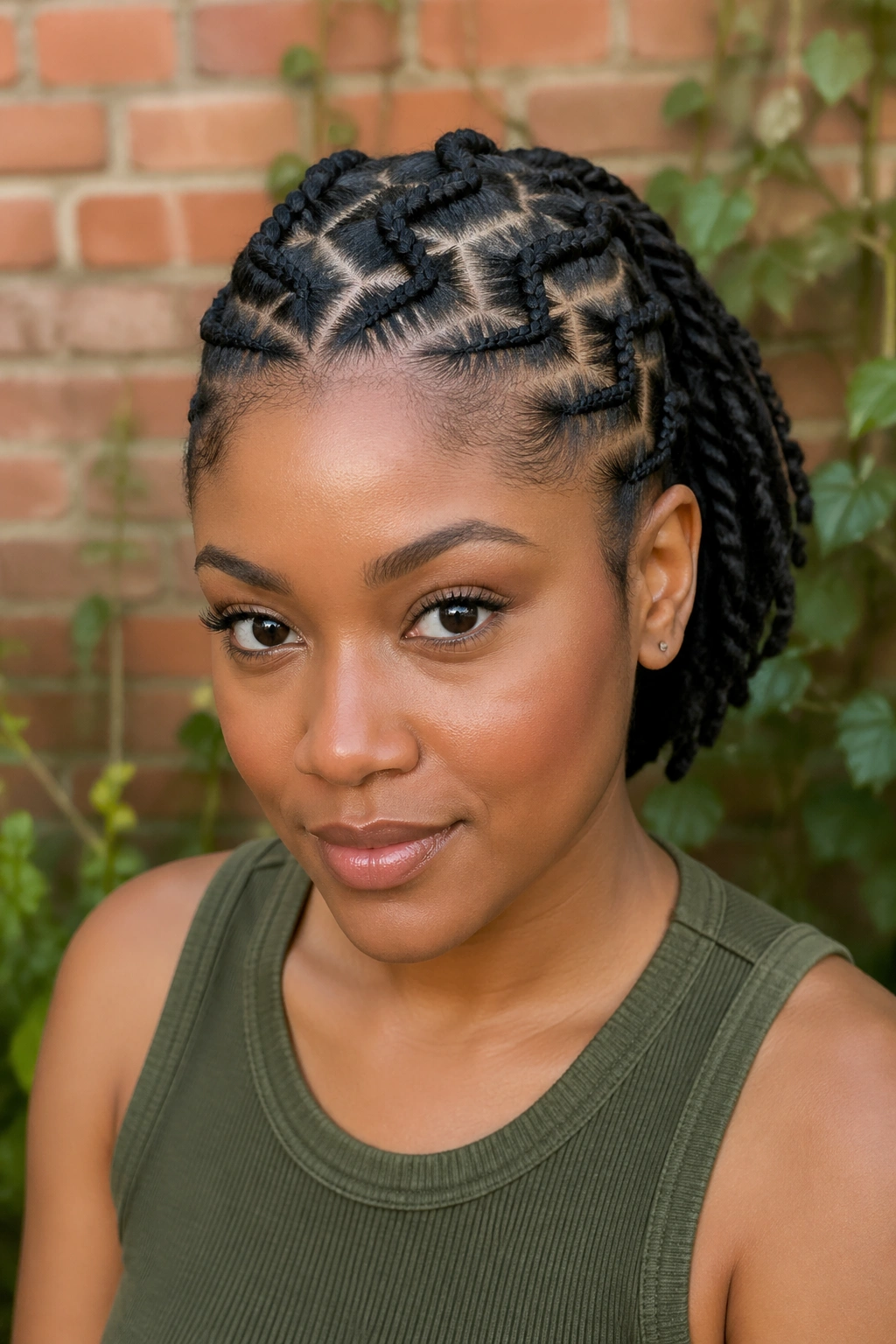 Close-up portrait showing zigzag-parted half cornrows with flat twists at the back