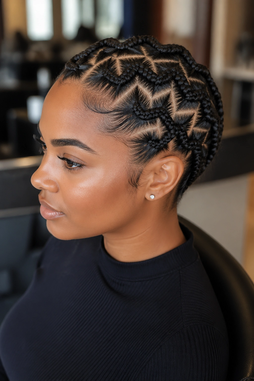 Portrait of a real woman wearing zigzag halo cornrows encircling the head