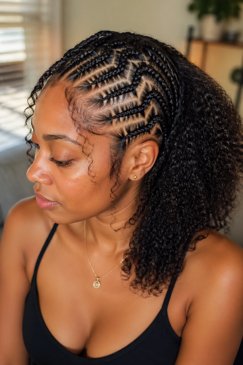 Close-up of a real woman with front zigzag cornrows and back curly leave-out