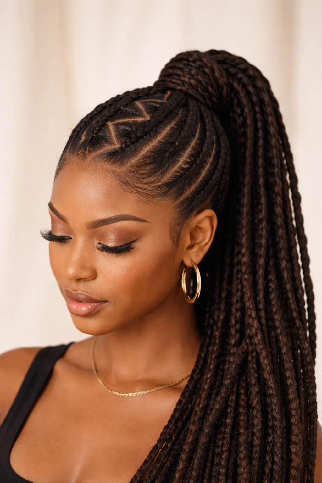 Zig-zag part and braided ponytail on locs