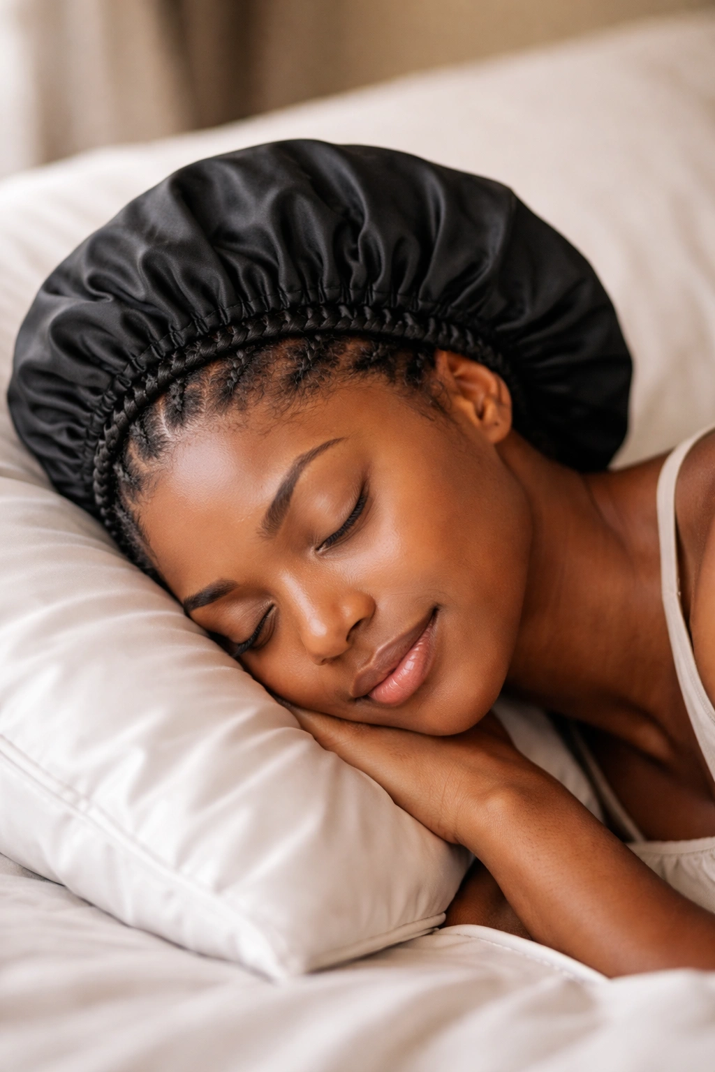 Real person with satin bonnet indicating maintenance after zigzag cornrows.