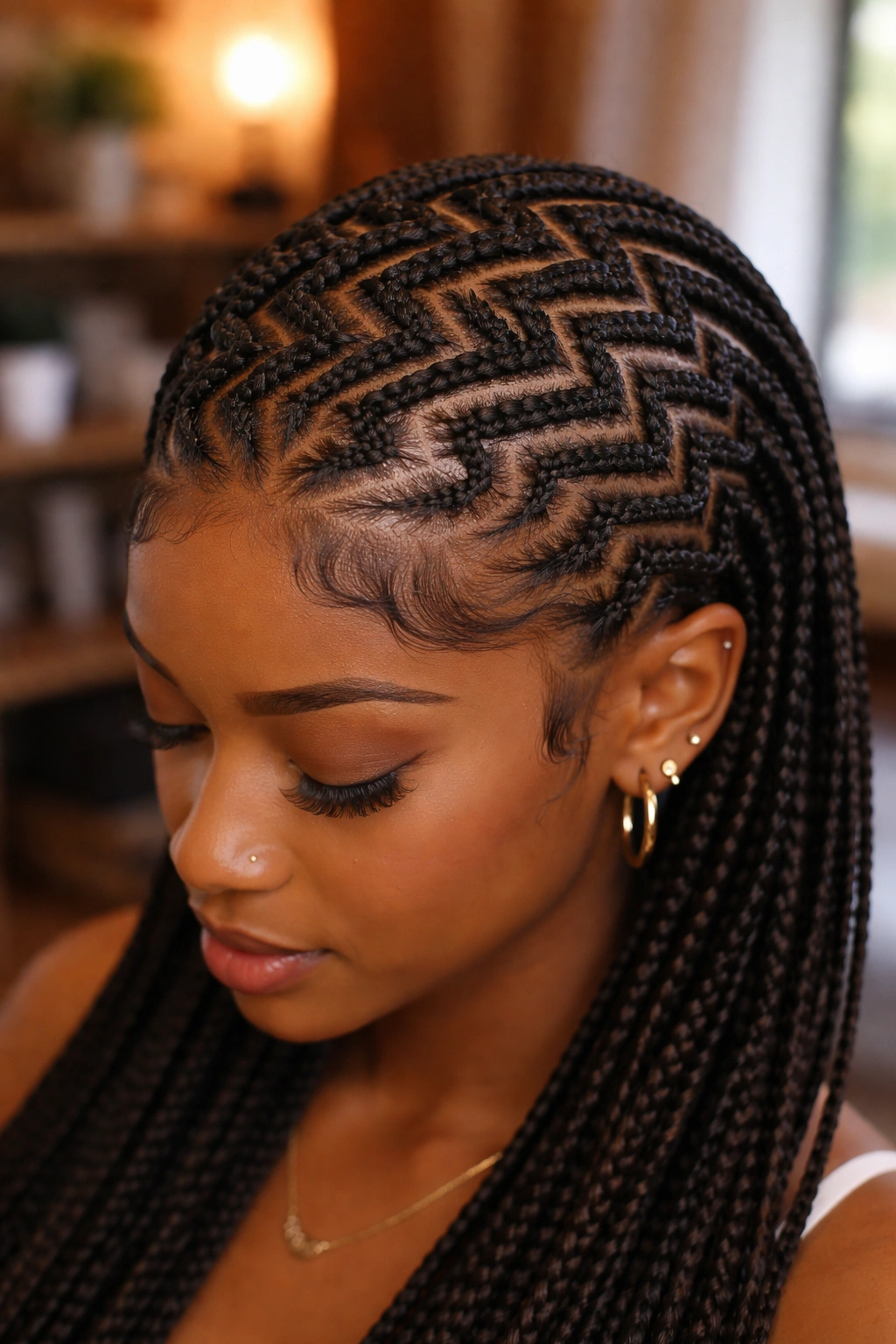 All-over zigzag maze cornrows spanning the scalp on a real person.