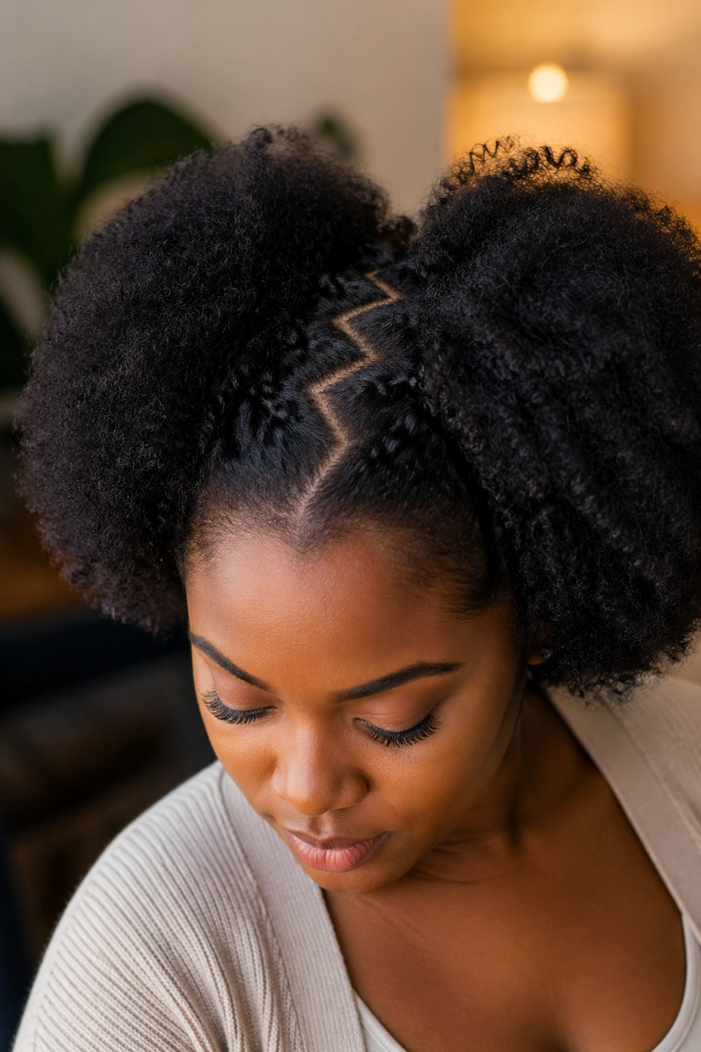 Close-up of a real person with a zigzag part and fluffy afro sides