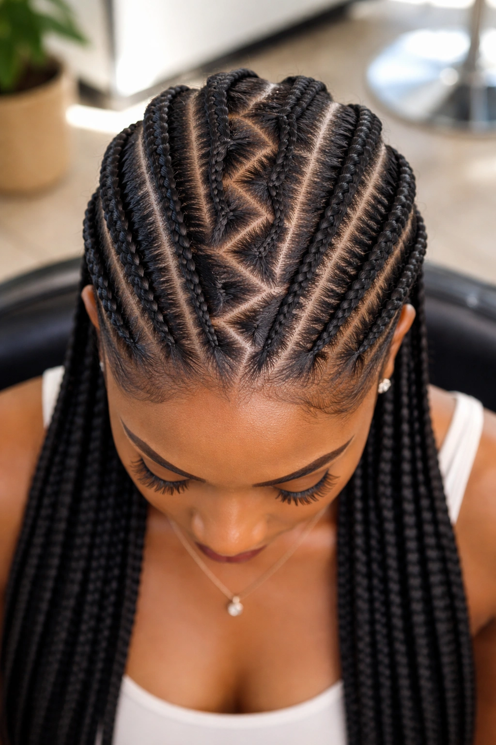 Top-view close-up of zigzag-parted straight-back cornrows on a real woman.