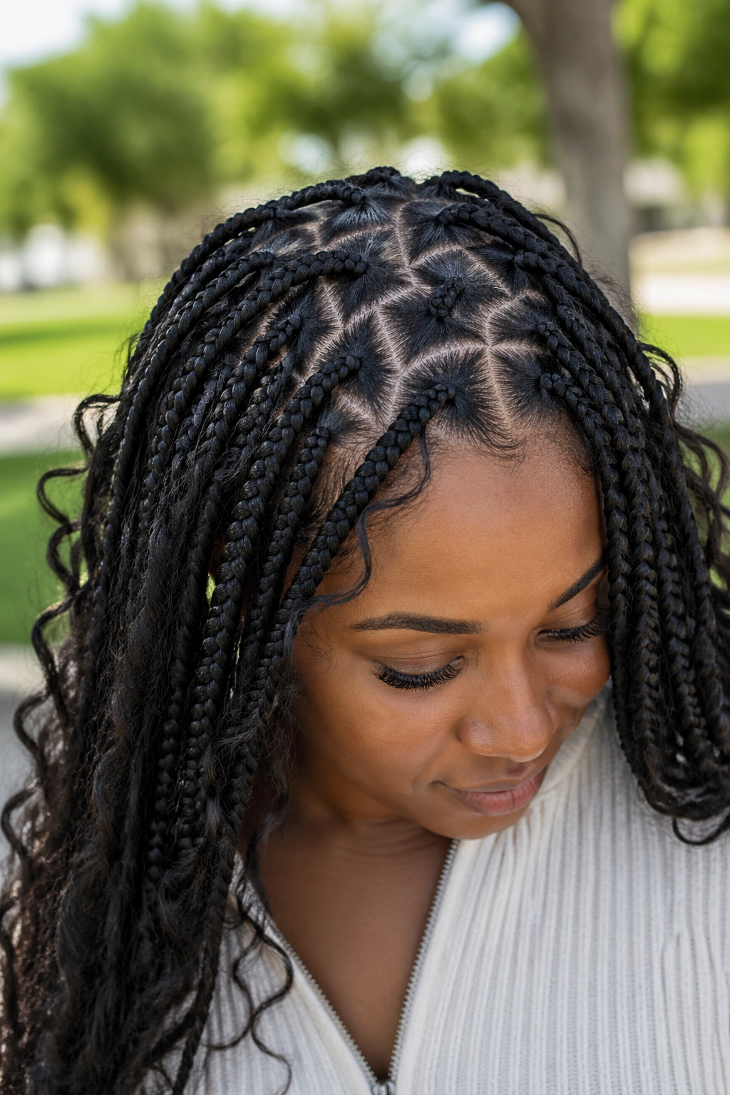 Close-up of a woman with zigzag-part boho box braids