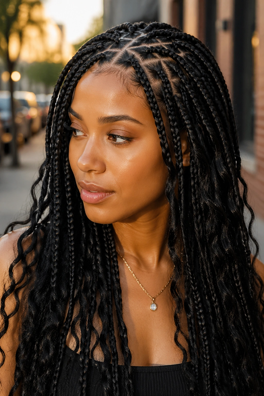 Close-up of zig-zag parted long boho box braids on a real person.