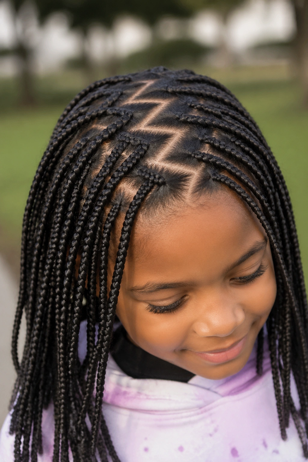 Close-up of a real child with zigzag-part box braids in a park