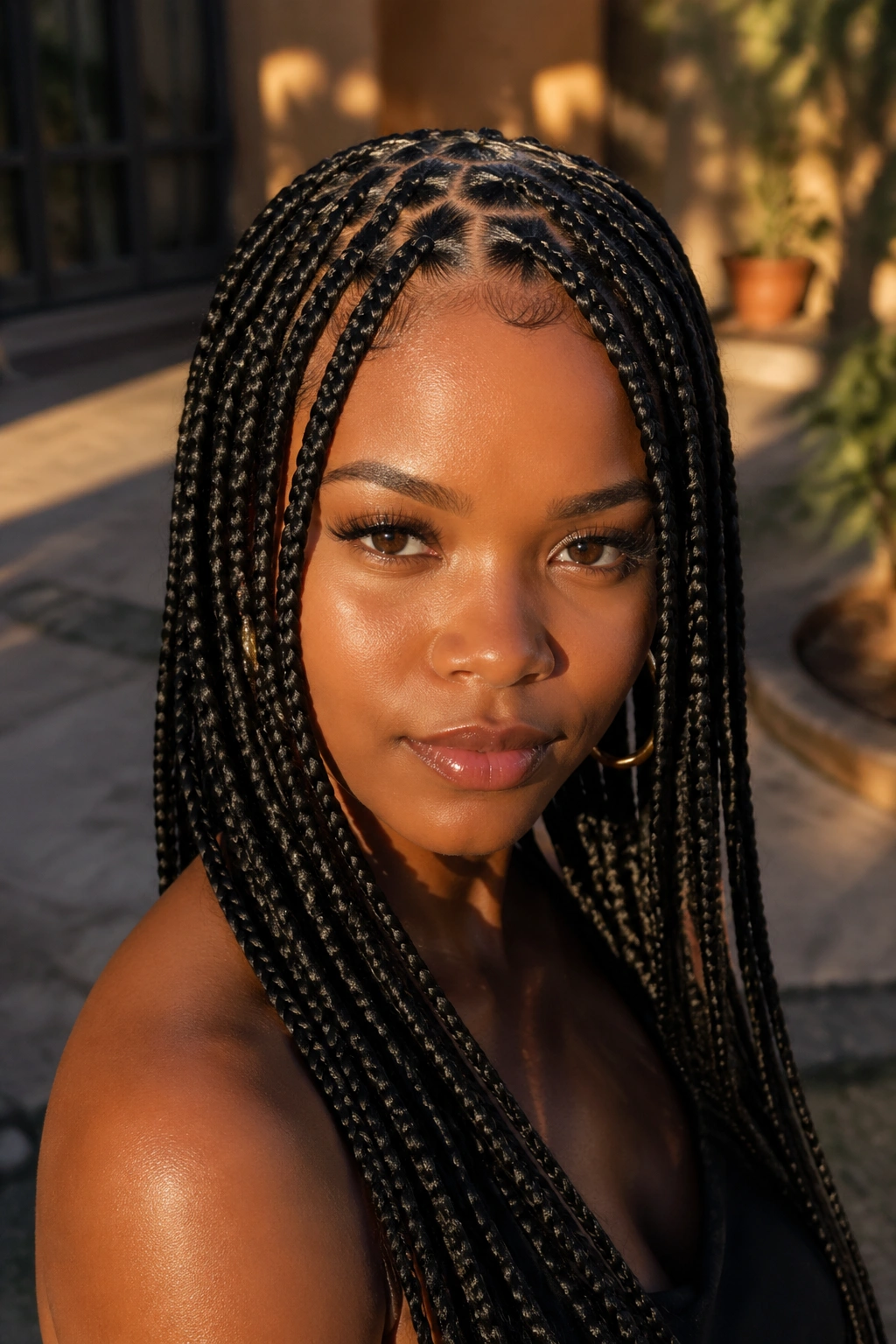 Close-up of a real person with zigzag-part box braids pattern