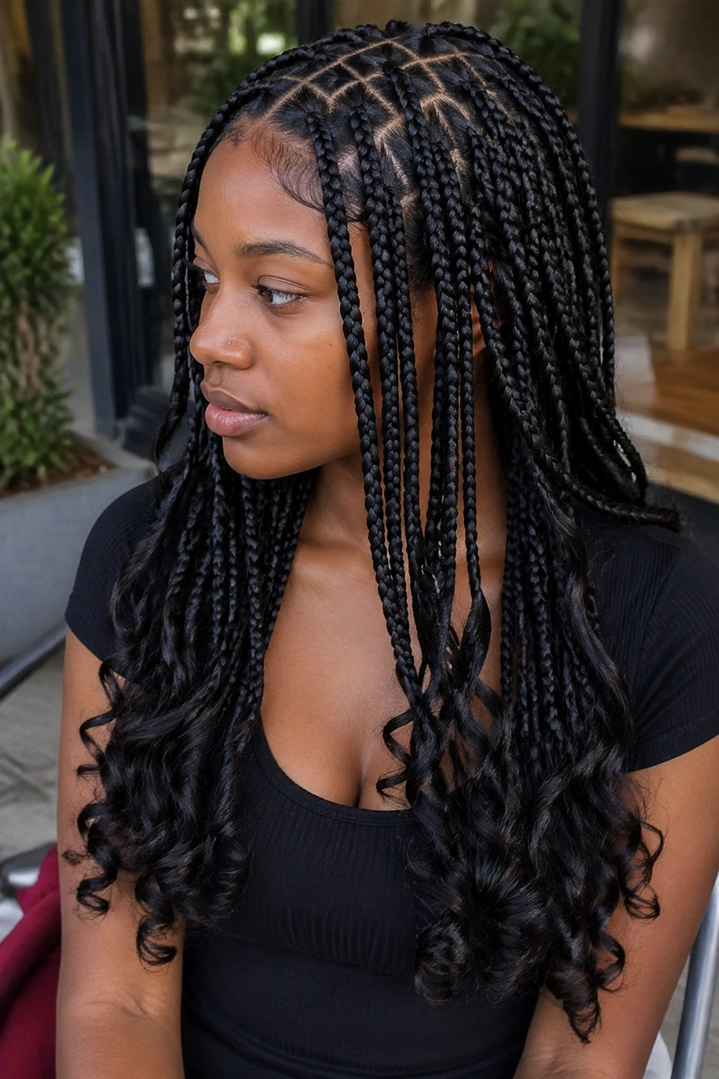 Real woman with zigzag-part box braids and curly ends.