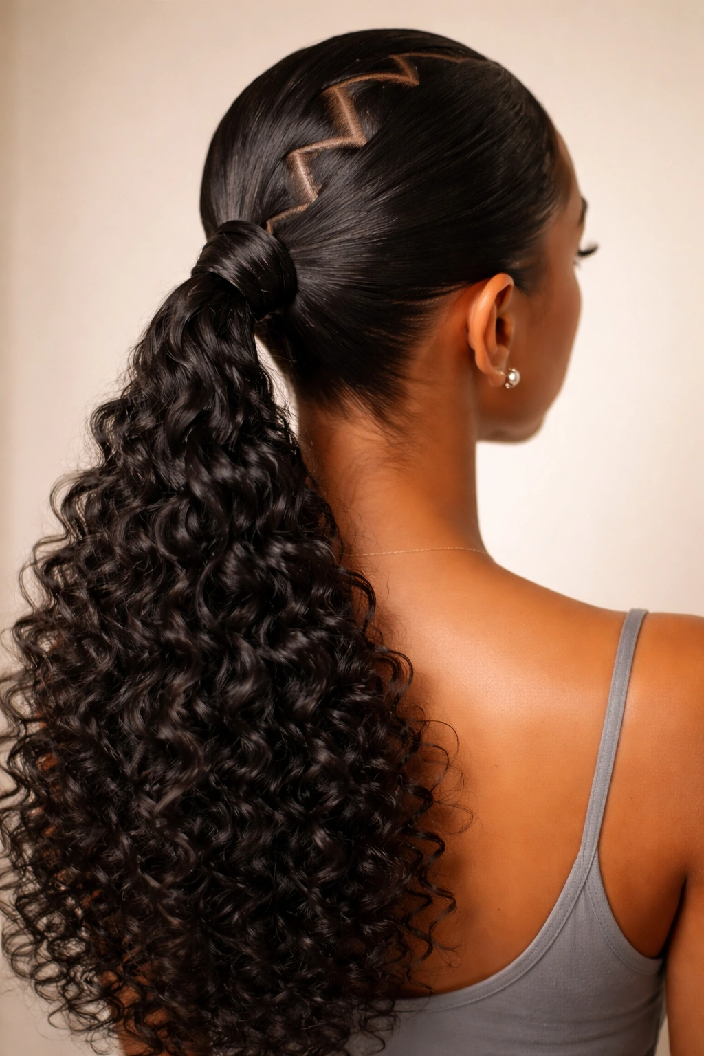 Back view of a curly head featuring a zigzag part and a sleek braided ponytail
